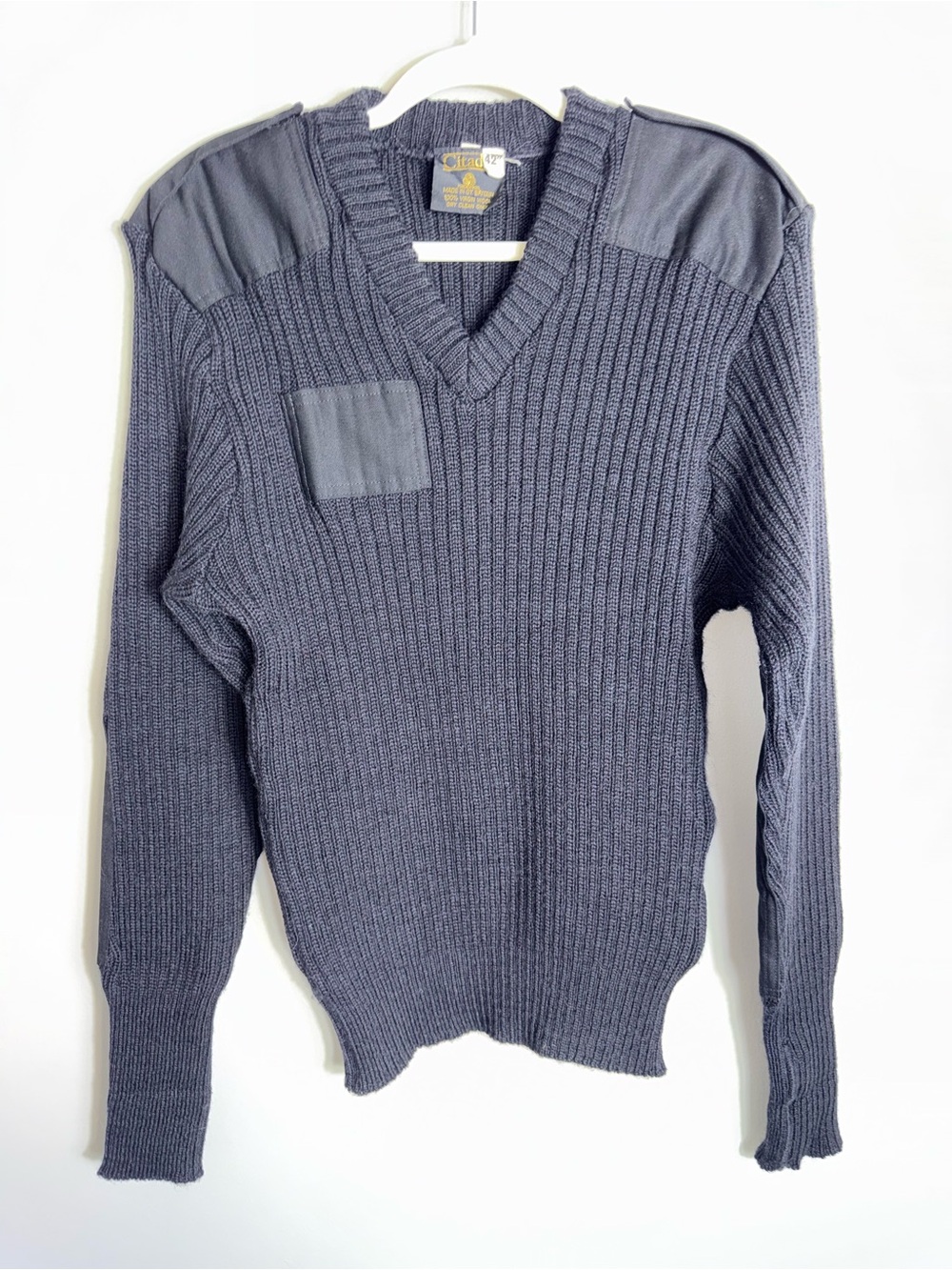 Vintage Citadel V Neck Military Sweater-Wool-Black-Shoulder Elbow Patch-Size 42